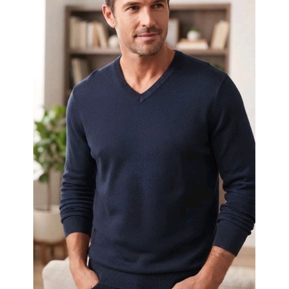 Claiborne Men V-Neck Sweater Blue Size XL Cashmere Blend Cotton NWT Long Sleeve